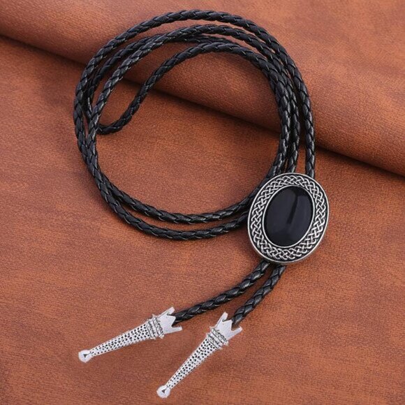 Handmade Round Shape Western Cowboy Bola Tie - Black Agate - Picture 1 of 3